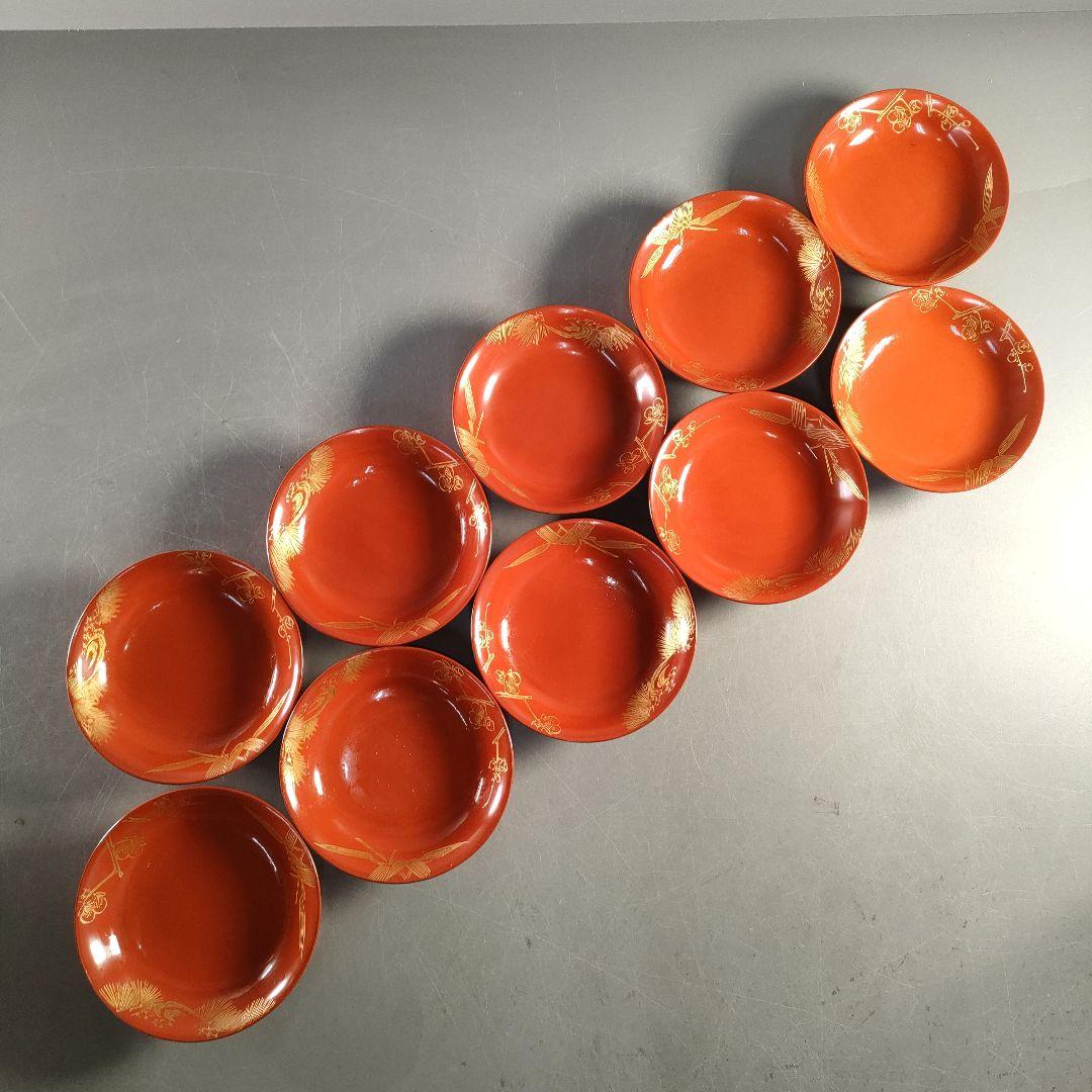 A1375-5/輪島塗/金彩松竹梅堀画輪島朱色木皿20客/向付/懐石道具/銘々皿