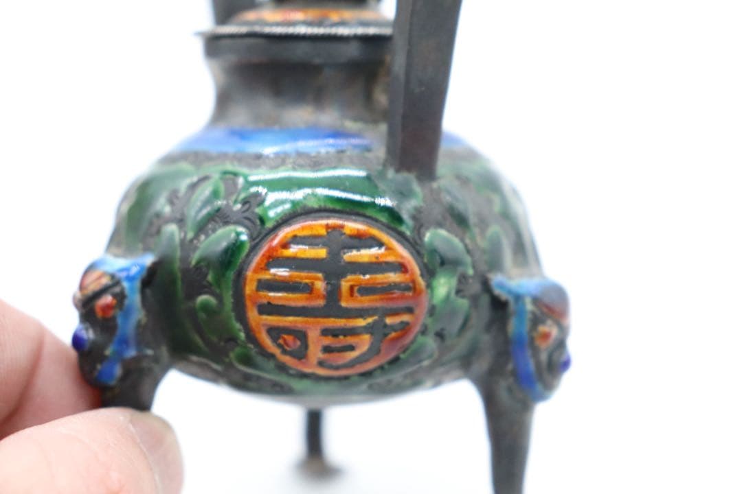 中国　清時代　福寿　銀製七宝焼獣足香炉　木箱入　送料込み250509