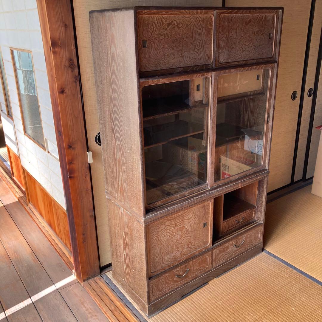 ① 茶箪笥　現地引取り値引き　和風木製ガラス扉収納棚　違棚　アンティーク