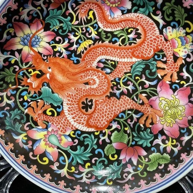 景徳鎮 黄地花鳥盤 黒竜万花盤 紅竜万花盤 陶磁器 現代工芸品 美術品 置物