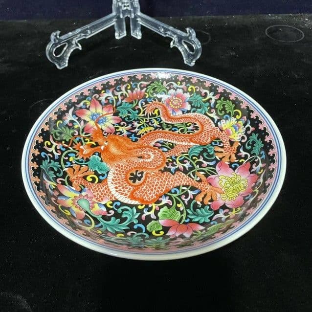 景徳鎮 黄地花鳥盤 黒竜万花盤 紅竜万花盤 陶磁器 現代工芸品 美術品 置物