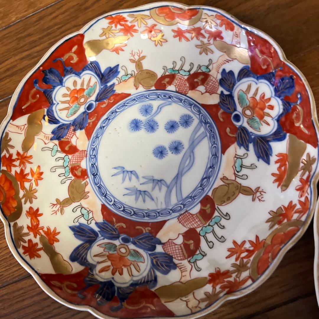 限定最終処分特価　古伊万里色絵大きめ中皿五枚セット完品　シカと紅葉　素敵な食卓