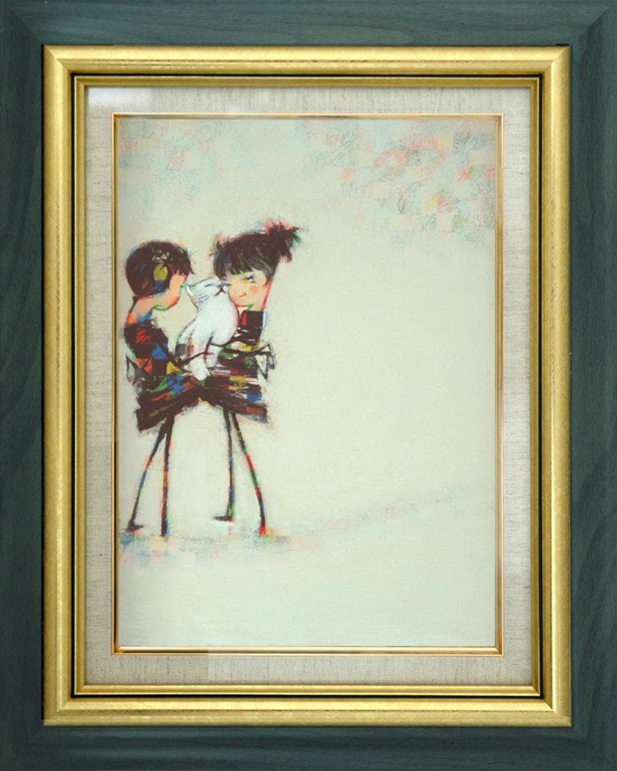 油絵 菅家令子絵 絵画インテリア額付(青緑＋金色の枠)F4-072619猫女の子