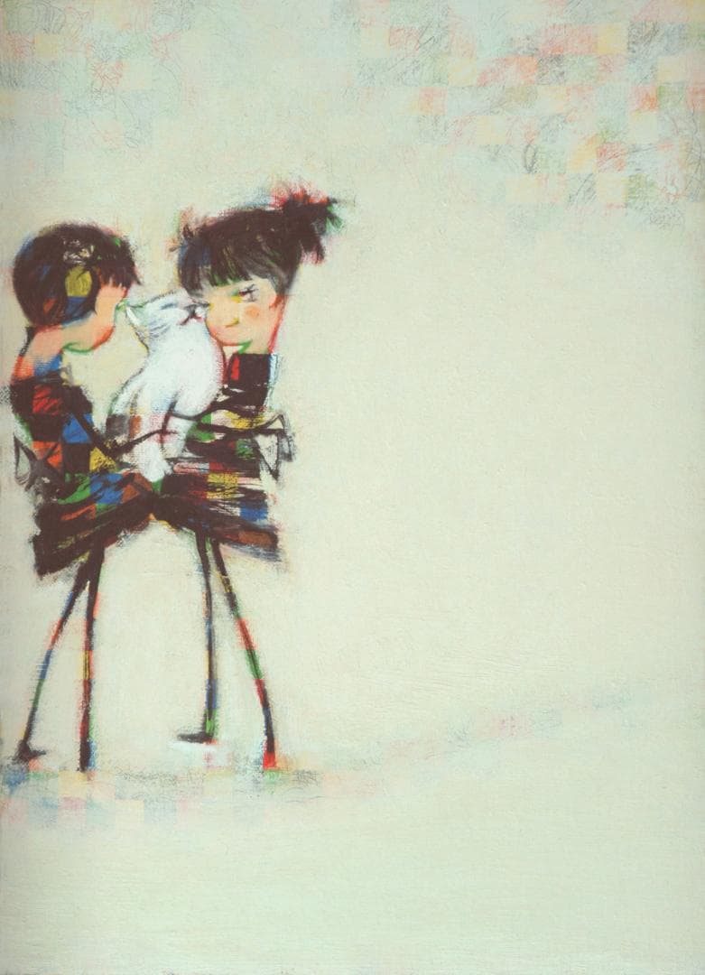 油絵 菅家令子絵 絵画インテリア額付(青緑＋金色の枠)F4-072619猫女の子