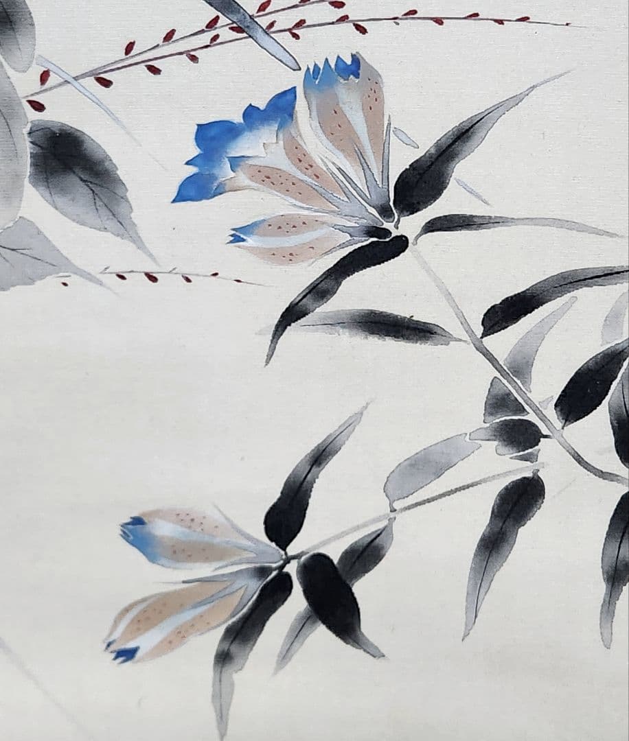 【糸菊図】戸田北遥 2706 白キクに小禽 肉筆 掛け軸 共箱