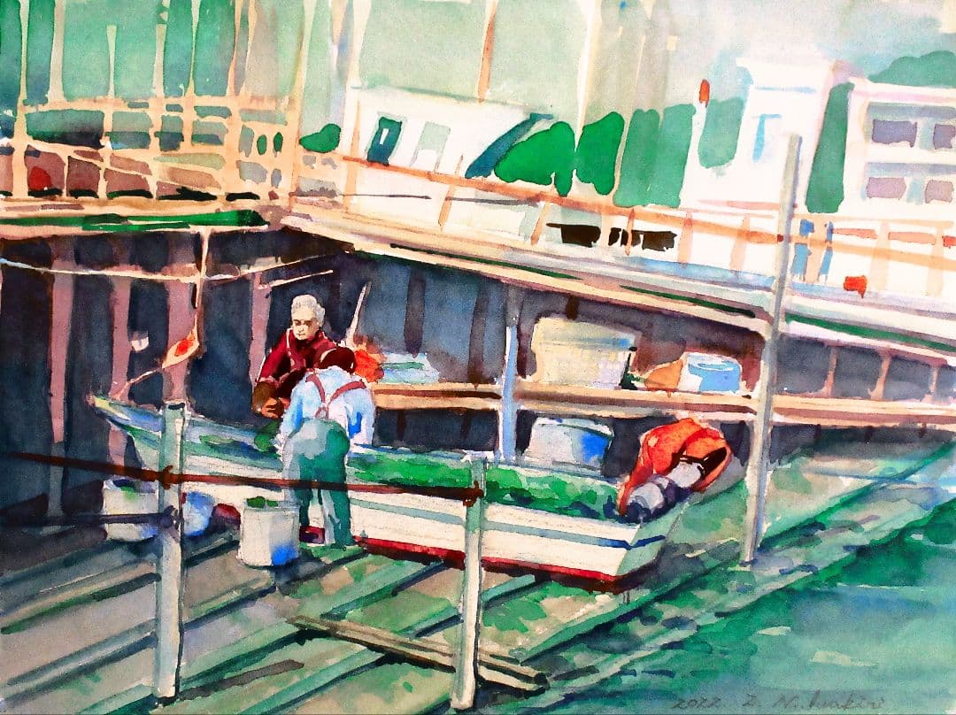 水彩画 漁師と漁船 2012年作 原画 額装済み