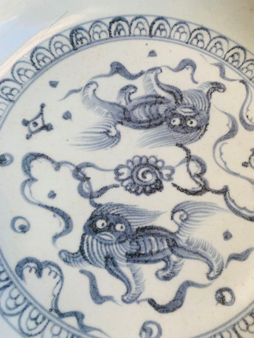 中国明時代黄釉染付(青花)大皿（元箱付き）