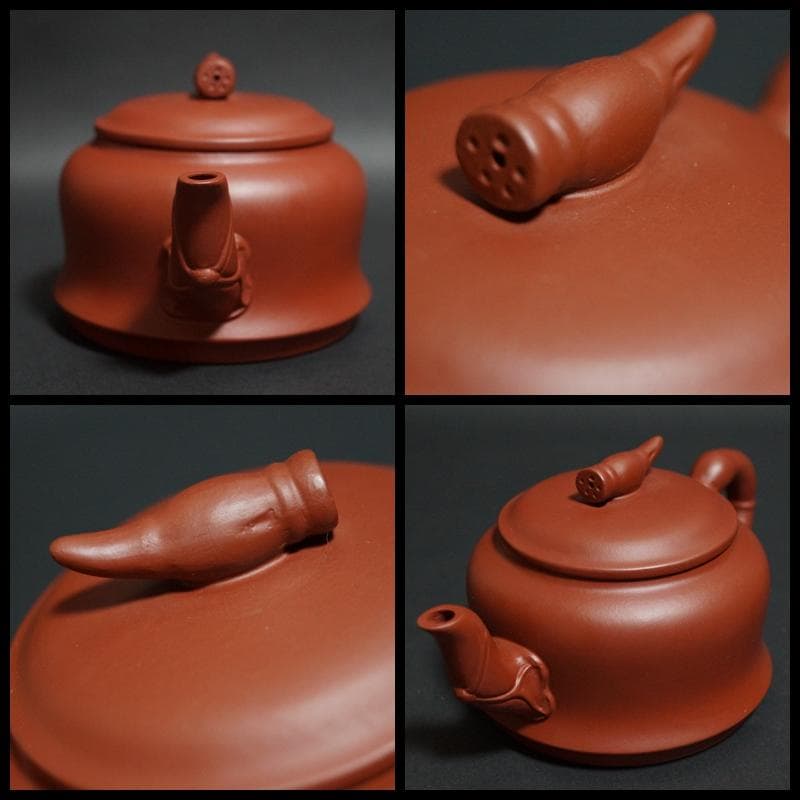 中国紫砂芸術家 王国望造 紫砂壺 細工彫り『蓮文』黄龍山鉱紫砂泥使用 手造り急須