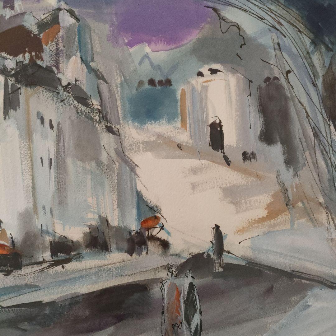 森島澄子　水彩画『街角巴里』1984年制作、直筆サイン入