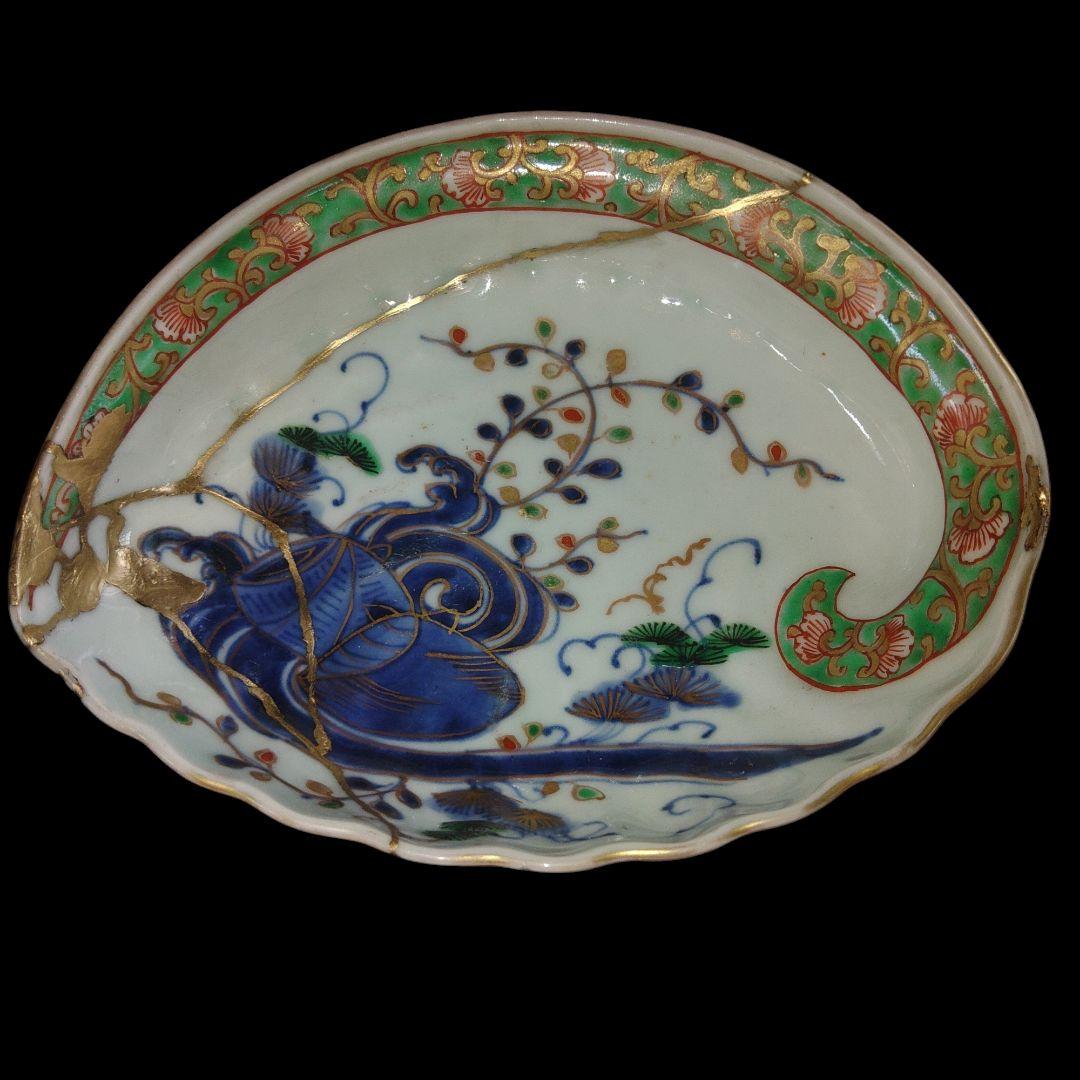 江戸時代　金彩海藻文アワビ型皿　金継ぎ