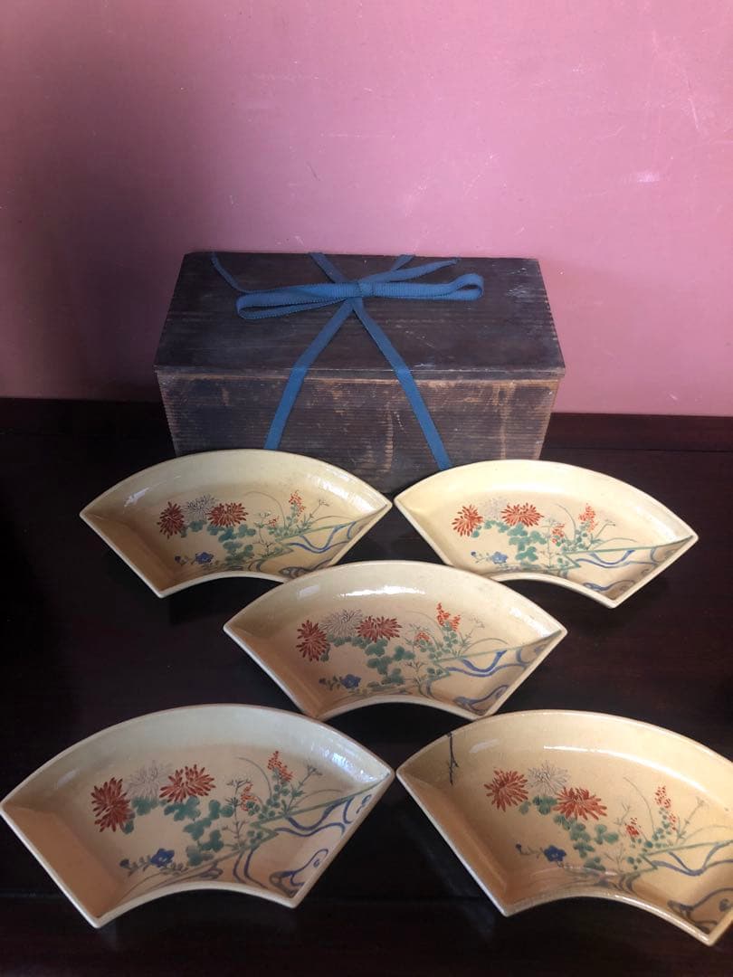 古い清水焼の色絵扇面形皿5客古箱入