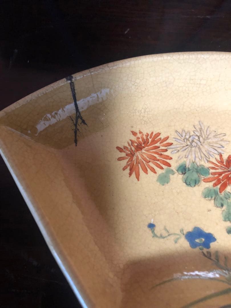 古い清水焼の色絵扇面形皿5客古箱入