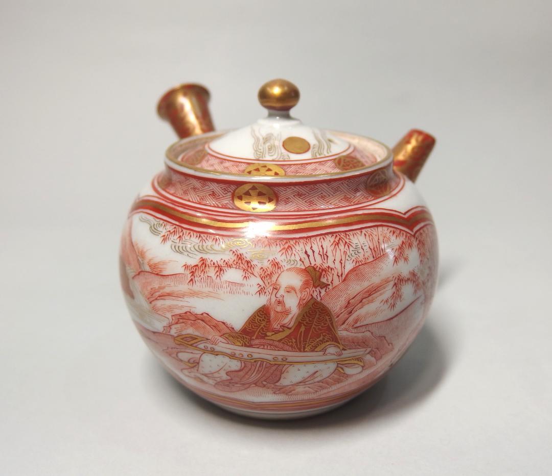 初代中村秋塘作/赤絵人物急須/赤絵細密/共箱/煎茶道具