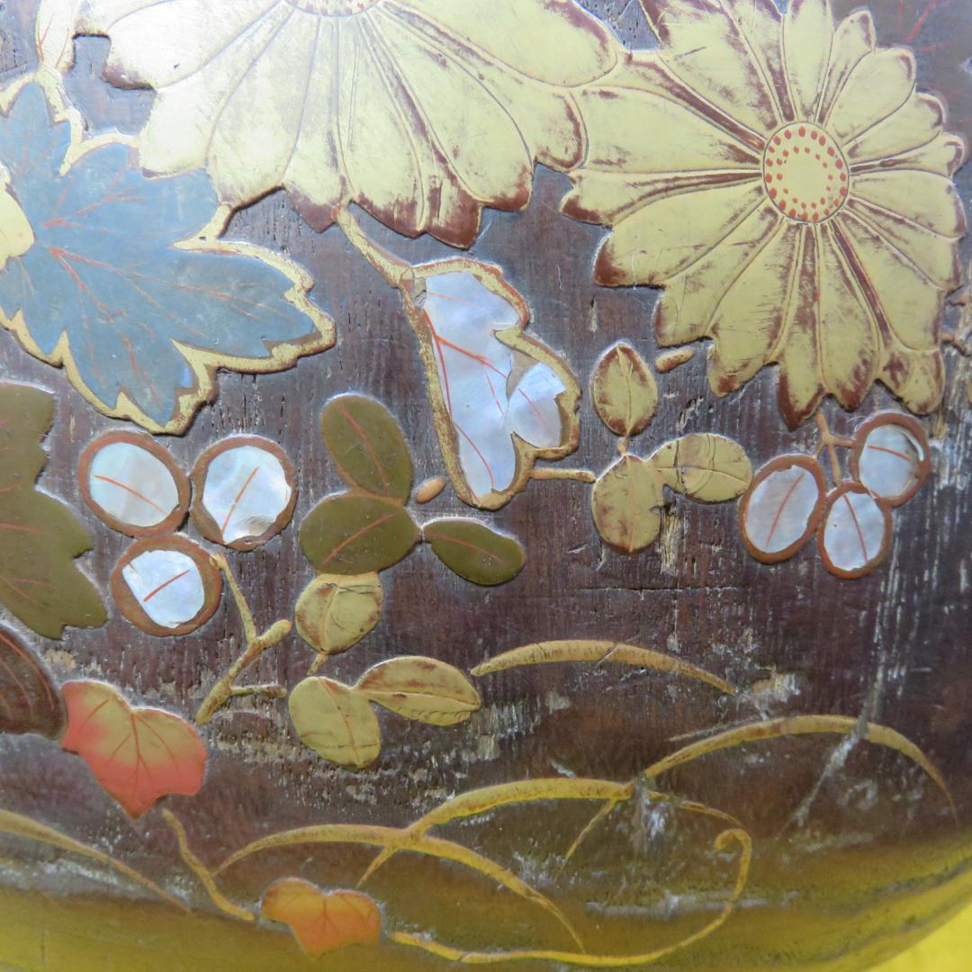 桐火鉢 手あぶり 灰なし 割れ 螺鈿 蒔絵 草花