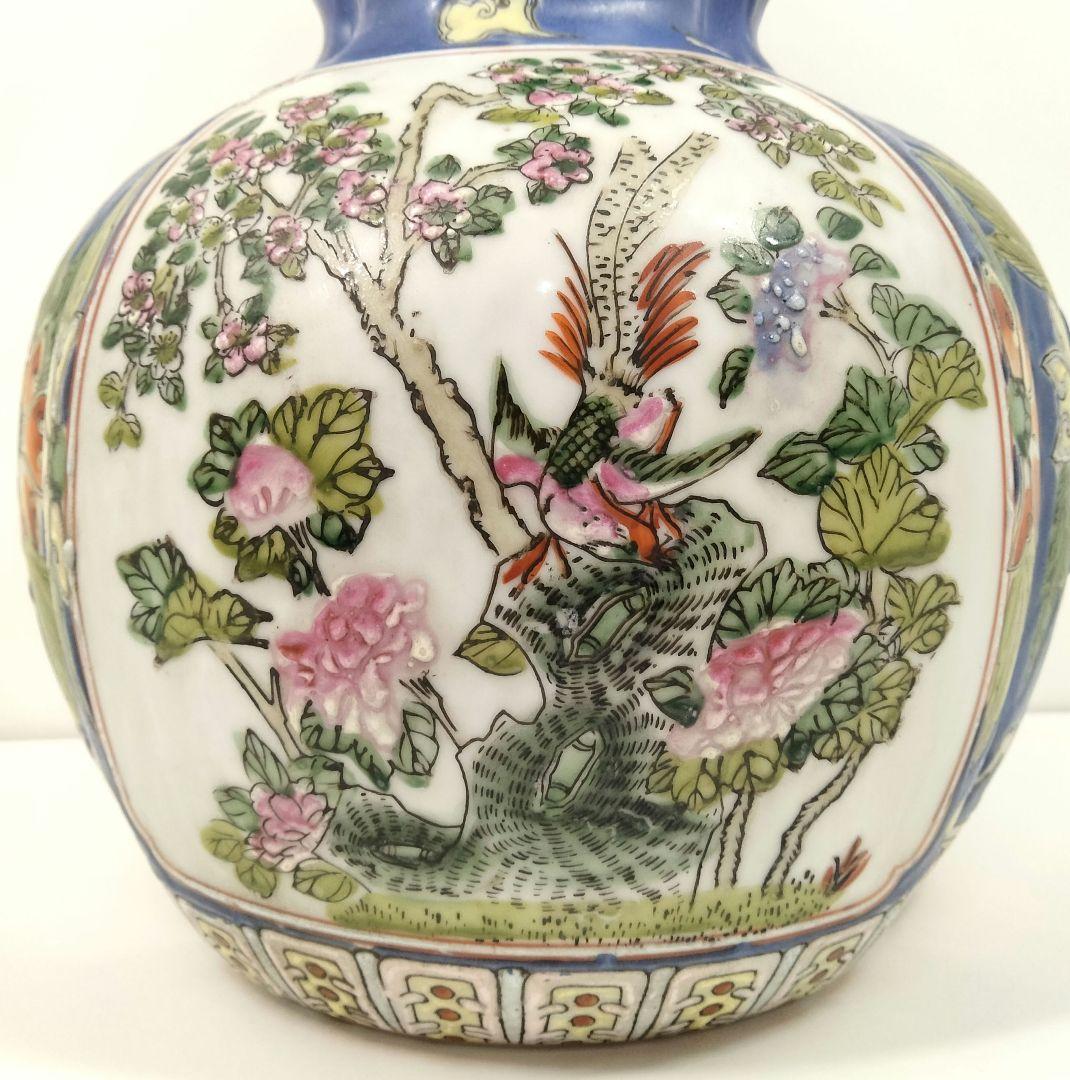 中国 大清同治年製 色絵粉彩花鳥図 瓢箪形花瓶 高さ38cm　EE