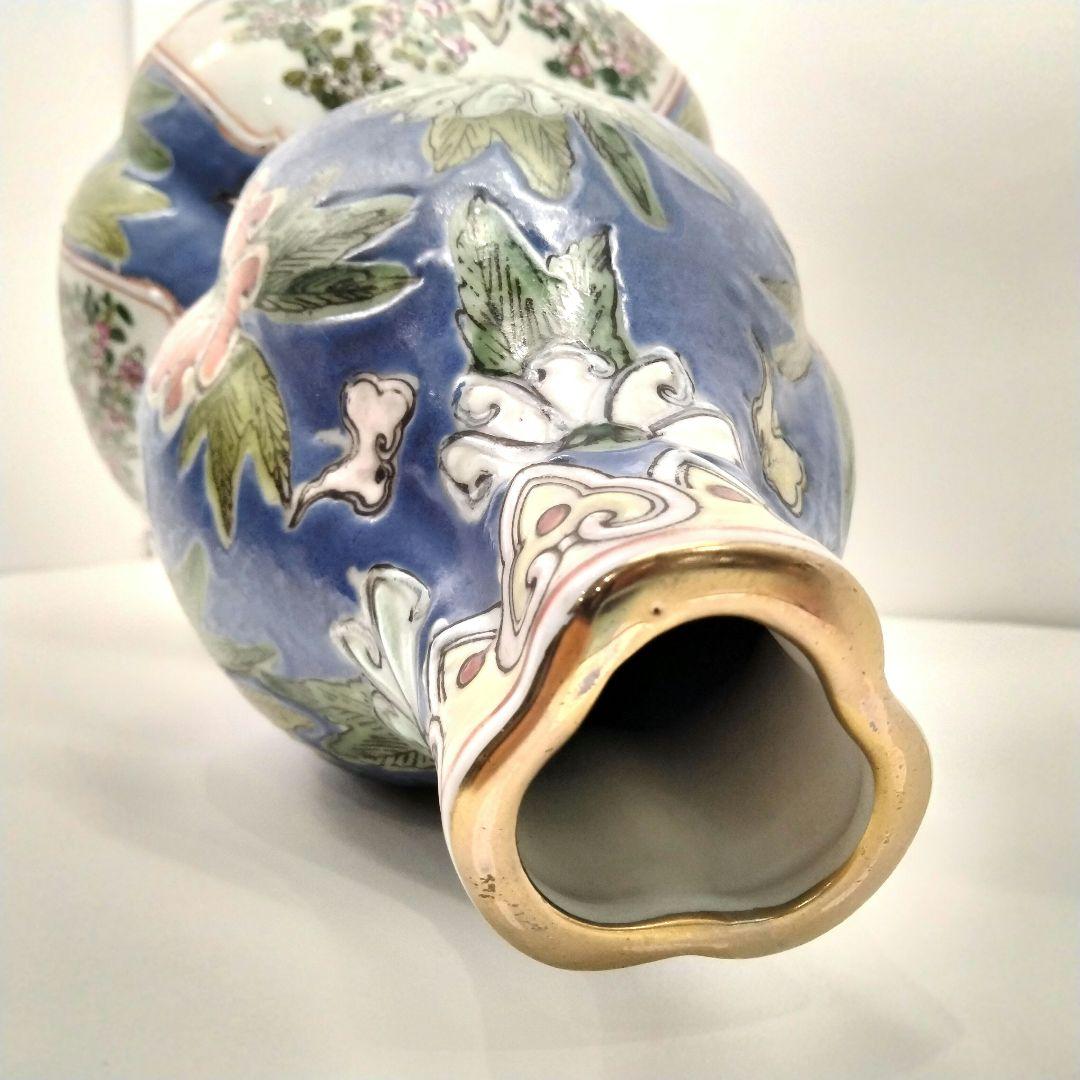 中国 大清同治年製 色絵粉彩花鳥図 瓢箪形花瓶 高さ38cm　EE