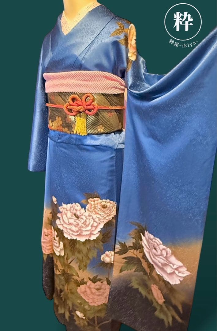 ブルー系の素敵な振袖・袋帯・帯揚げ・帯締めセット セミアンティーク ヴィンテージ