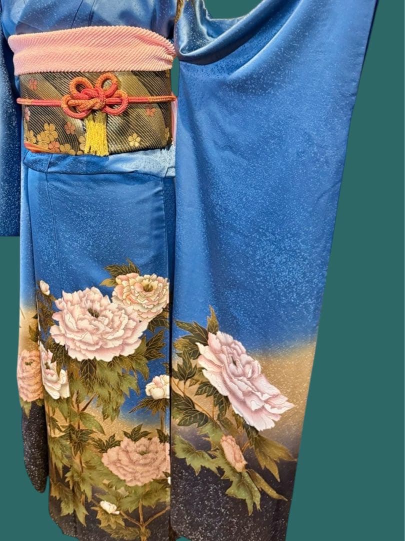 ブルー系の素敵な振袖・袋帯・帯揚げ・帯締めセット セミアンティーク ヴィンテージ