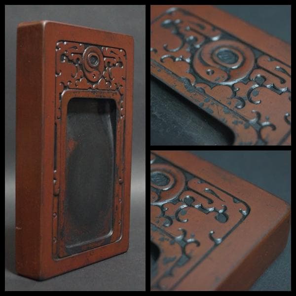 清 龍紋端渓硯 唐木紫檀硯台蓋付☆書道具☆時代物☆