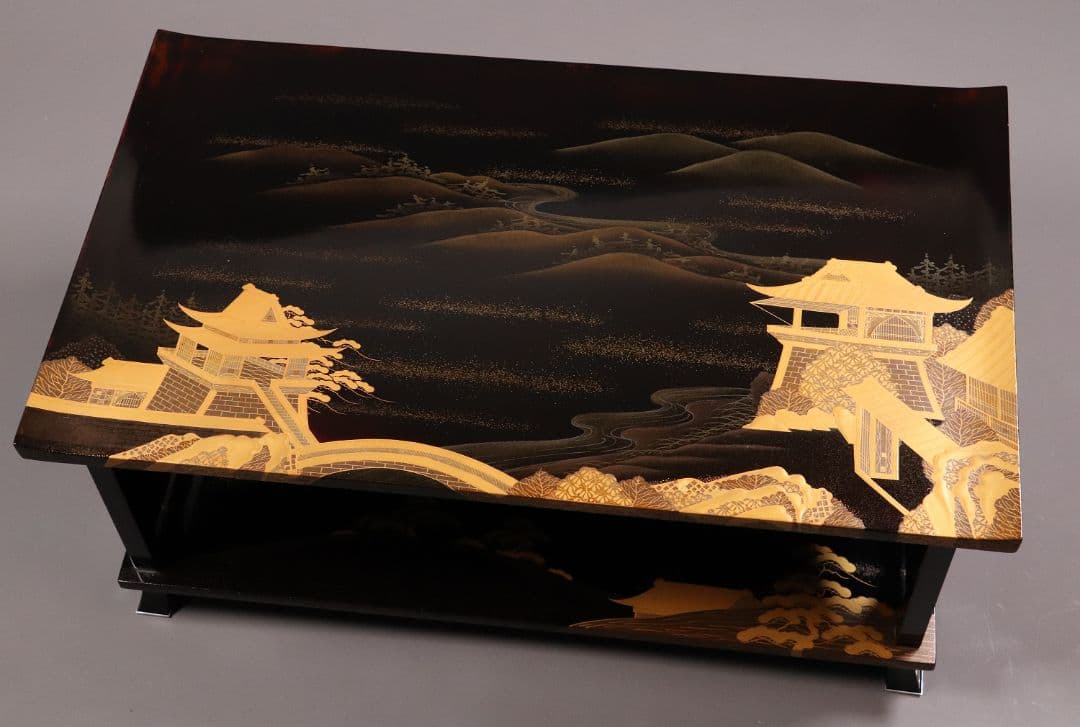 輪島塗 久世宗春 山水金蒔絵 冠卓 二段卓 花台 黒塗 天然木【MA366】