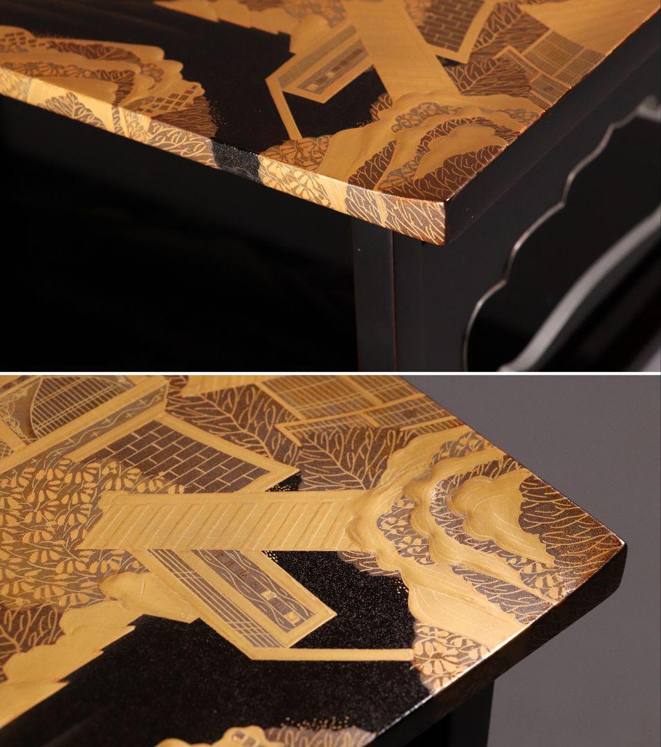 輪島塗 久世宗春 山水金蒔絵 冠卓 二段卓 花台 黒塗 天然木【MA366】