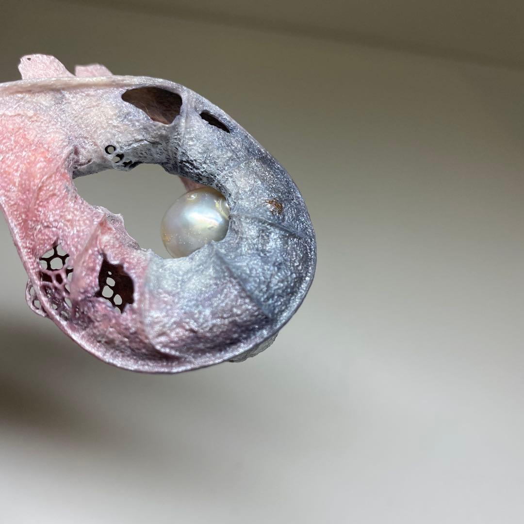 専用　耕堂作　K18刻印大金具　本真珠大玉枯葉ネックレストップ　共箱　13.5g