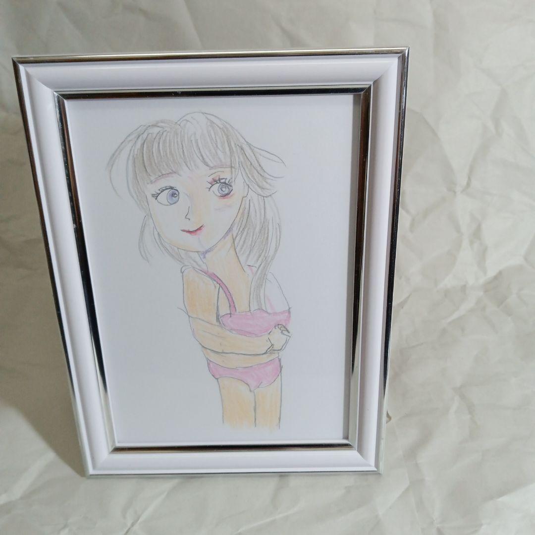 ピンク水着の美人キャラクター色鉛筆画