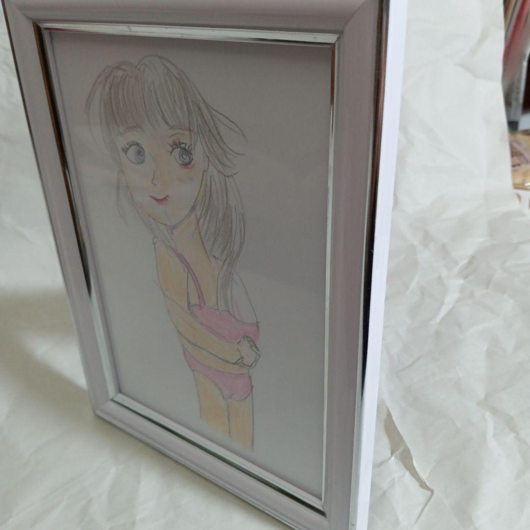 ピンク水着の美人キャラクター色鉛筆画