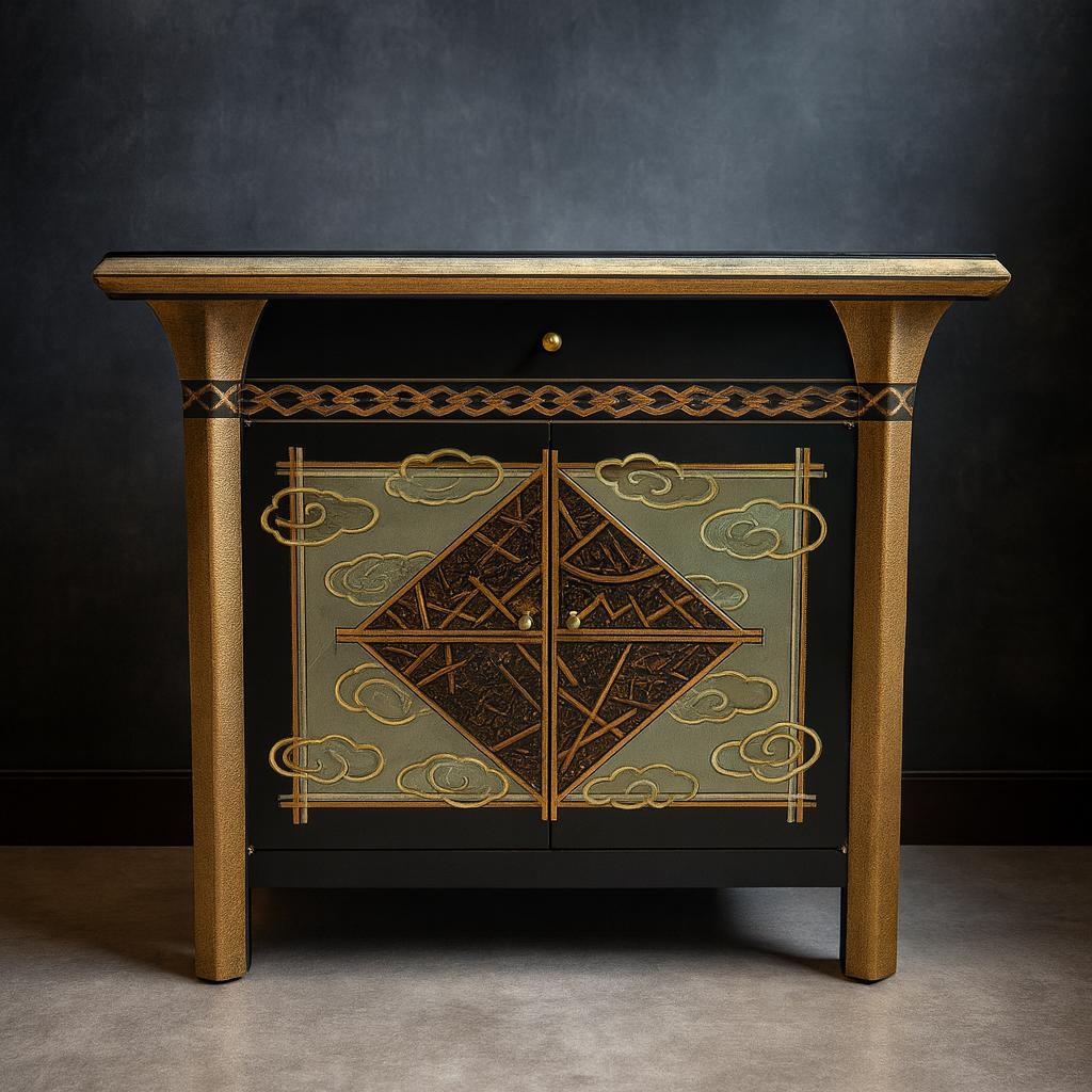 和モダン キャビネット 金彩装飾 引き出し・扉付き 収納家具