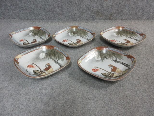 九谷焼 色絵 菱形皿 5枚 [B23056] 月夜の鵜飼 小皿 古玩 古美術