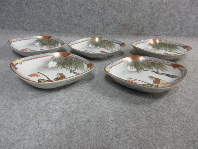 九谷焼 色絵 菱形皿 5枚 [B23056] 月夜の鵜飼 小皿 古玩 古美術