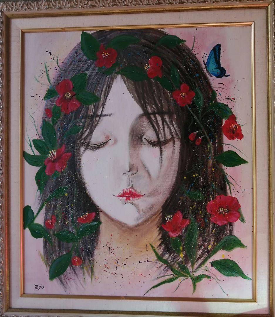 絵画　アクリル絵　キャンバス　額縁 人物画　花　蝶々