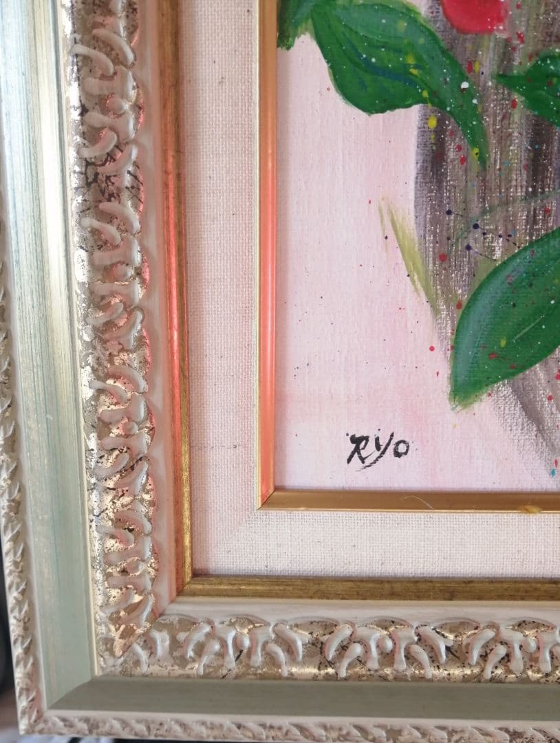 絵画　アクリル絵　キャンバス　額縁 人物画　花　蝶々