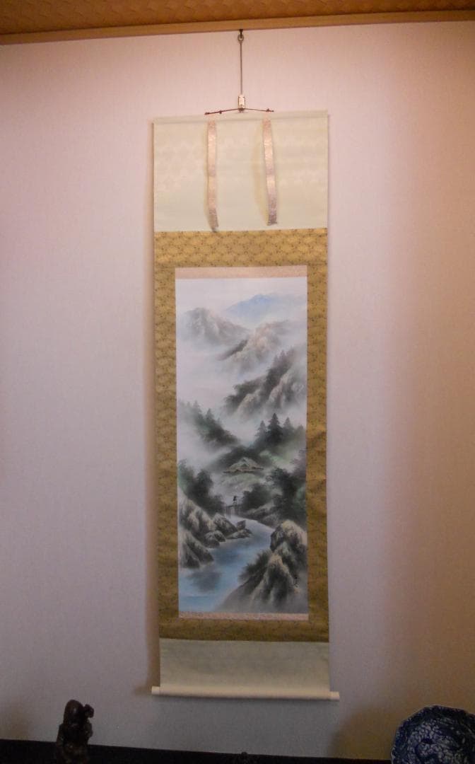 掛け軸 藤野古渓 彩色山水 中島清堂 識箱 絹本 希少 軸装 茶道具 掛軸 美品