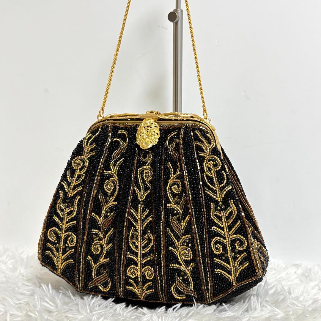 【美品】 ビーズバッグ がま口 チェーンショルダー