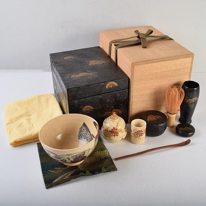 茶道具　前端雅峯作　錆塗茶箱　祥豊造　茶碗など　九点　一式　共箱　M　R9463