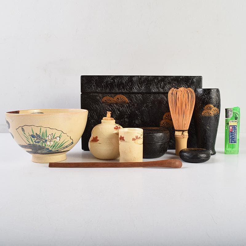 茶道具　前端雅峯作　錆塗茶箱　祥豊造　茶碗など　九点　一式　共箱　M　R9463