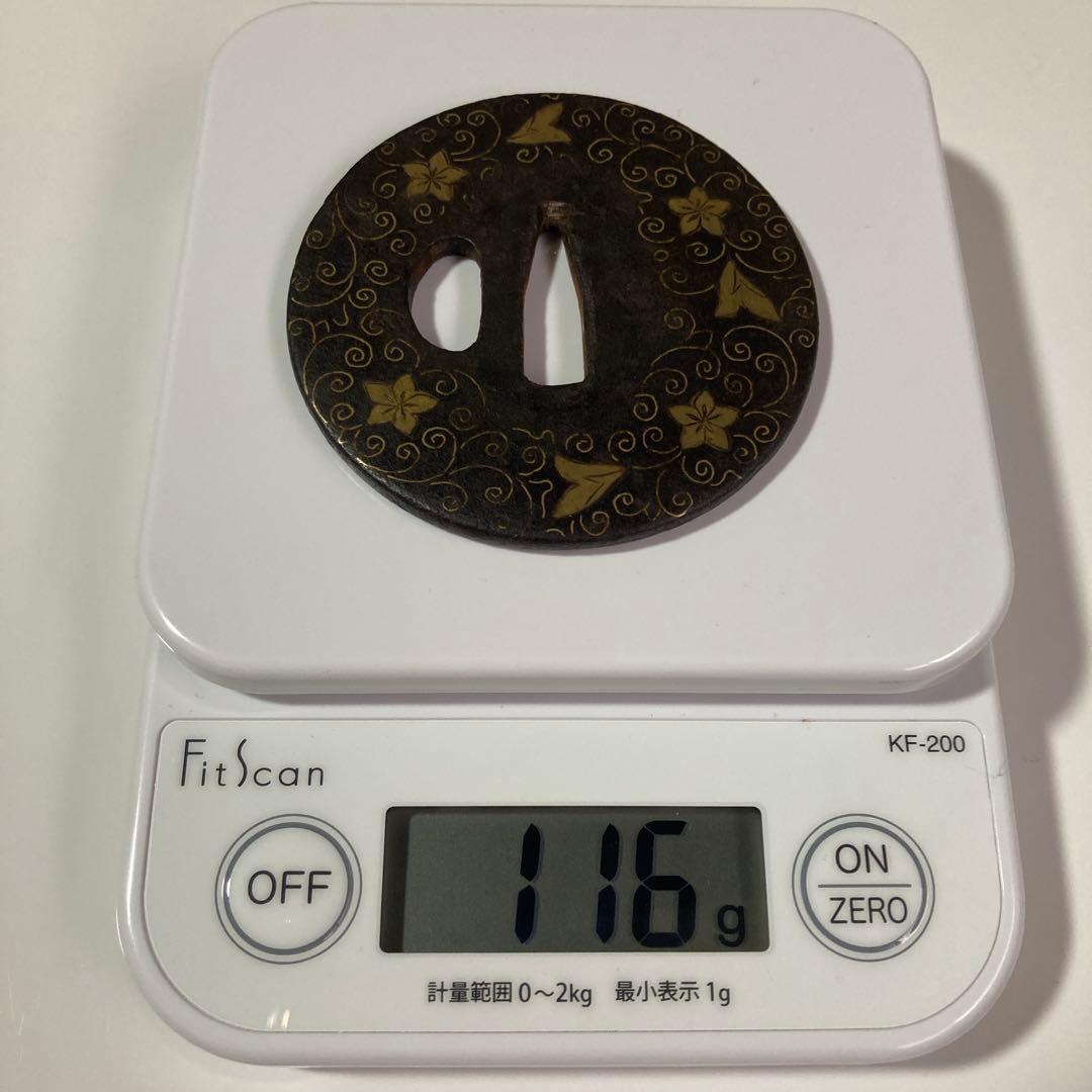 平安城象嵌鍔　花模様（鉄線）の鉄製鍔 116g