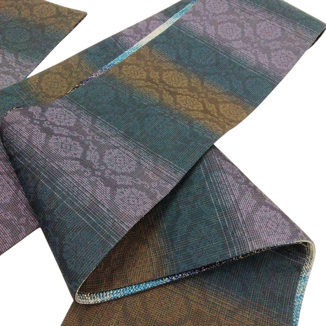 本手組細帯 風繭結 半幅帯　金糸 ブルー　組工房まえだ　 西陣　　 #4948