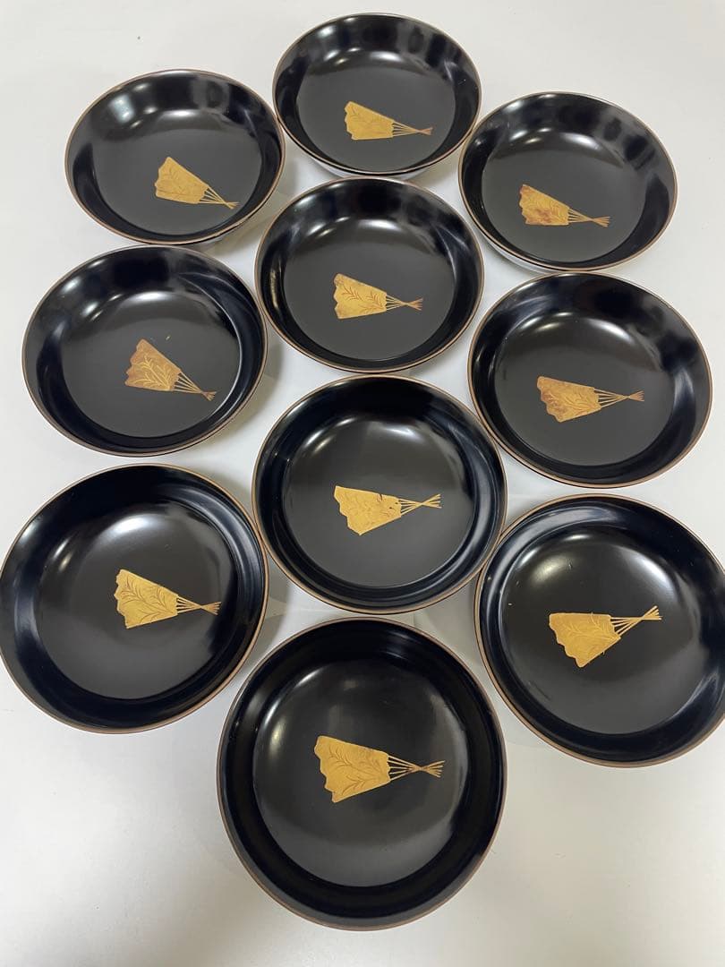 漆器 輪島塗 金蒔絵 扇柄 黒 内黒 吸物 割烹 蓋付き10客個 お煮物椀
