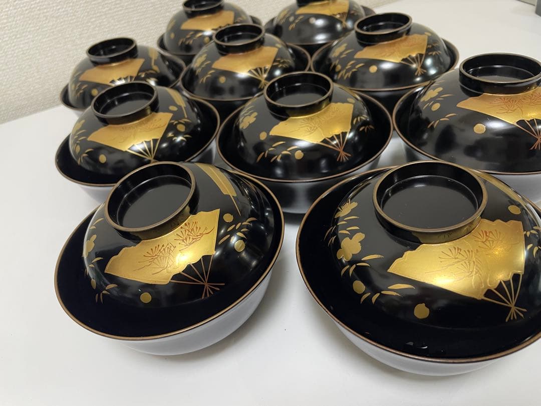 漆器 輪島塗 金蒔絵 扇柄 黒 内黒 吸物 割烹 蓋付き10客個 お煮物椀