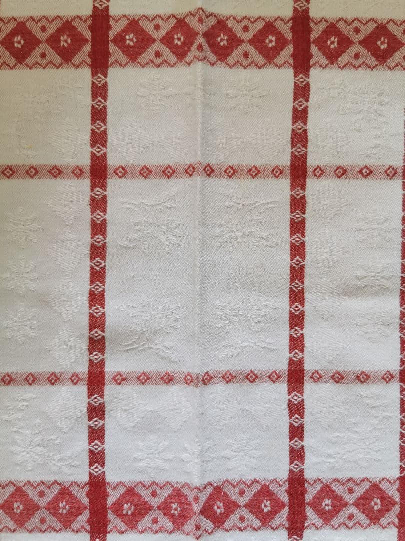 アンティークフランス ダマスク織レッドリネンクロス 花とダイヤモチーフペアセット