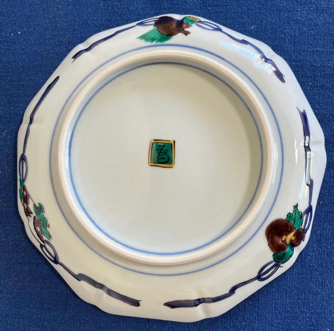 九谷焼 三代三ツ井為吉作 花鳥絵変唐草 銘々皿 五客