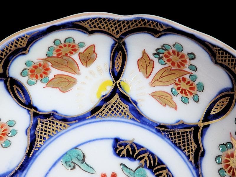 古伊万里　金襴手　陽刻　窓絵　花の図　膾皿　５客　E113AS-fbfr