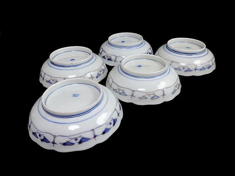 古伊万里　金襴手　陽刻　窓絵　花の図　膾皿　５客　E113AS-fbfr