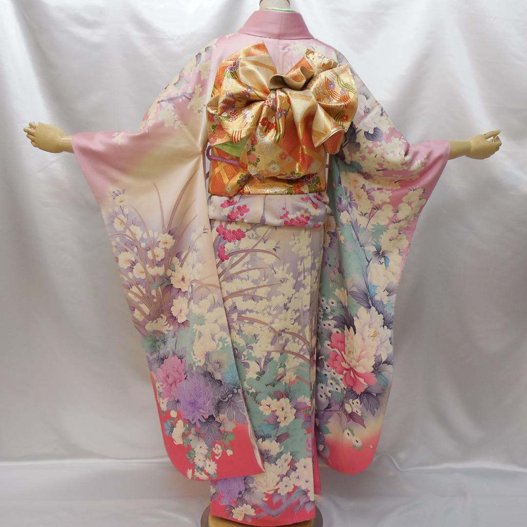 美品★振袖フルセット　正絹　成人式　振袖　7点セット　Mサイズ　ピンク　花柄