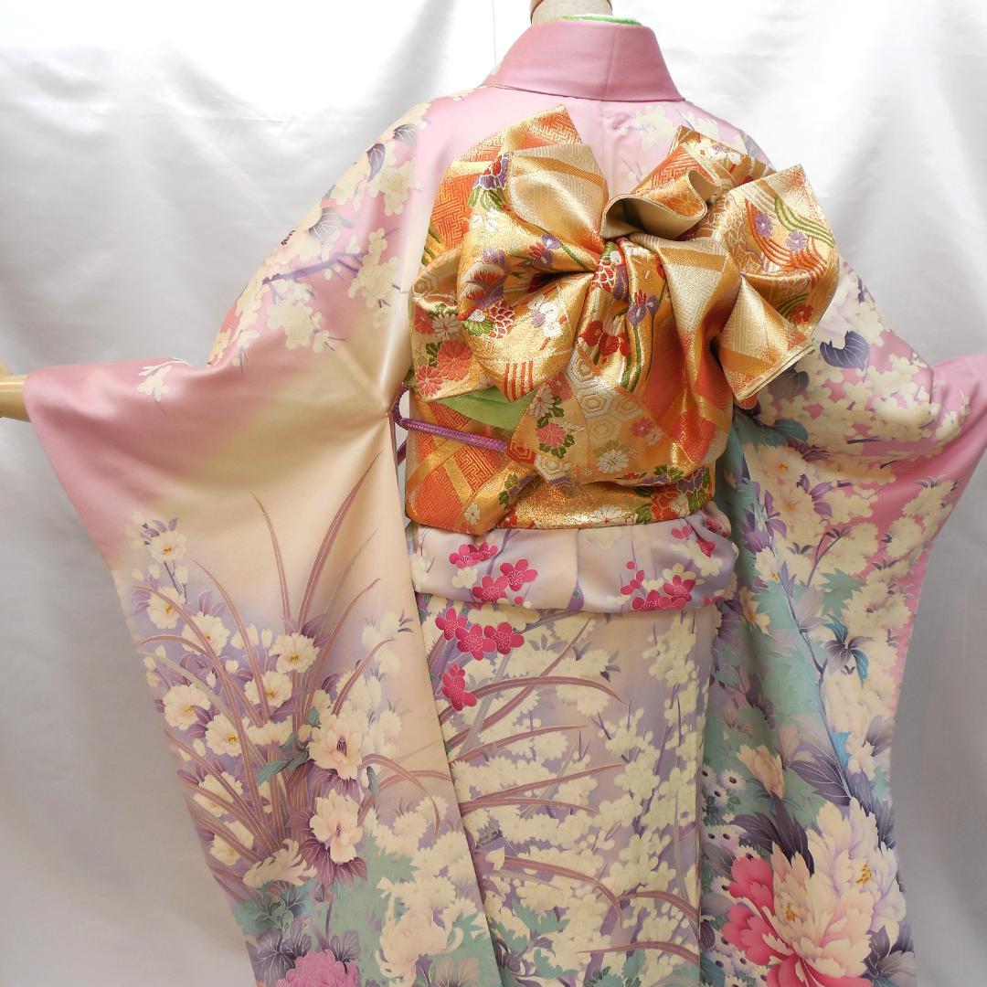 美品★振袖フルセット　正絹　成人式　振袖　7点セット　Mサイズ　ピンク　花柄
