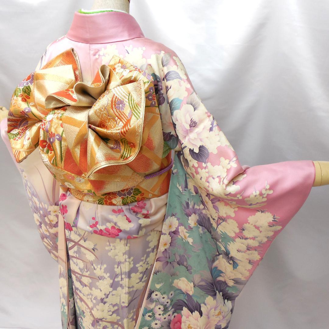 美品★振袖フルセット　正絹　成人式　振袖　7点セット　Mサイズ　ピンク　花柄