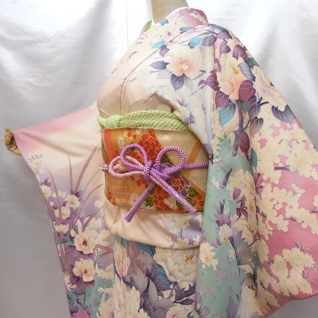 美品★振袖フルセット　正絹　成人式　振袖　7点セット　Mサイズ　ピンク　花柄