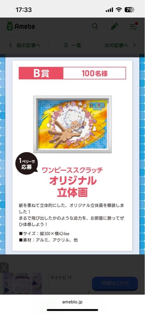 ワンピーススクラッチ 夢をつかめ未来島！ B賞 オリジナル立体画